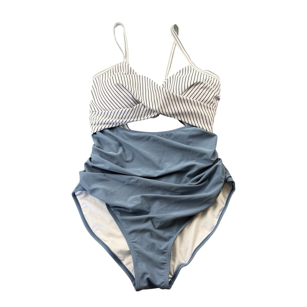 Eomenie One Piece Swimsuit 2XL Blue Striped‎ Twist Back Cutout NWT